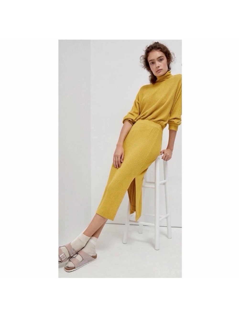 Anthropologie MARIAH Ribbed Knit Maxi Sweater Dress SIZE M Yellow/Gold Mock Neck